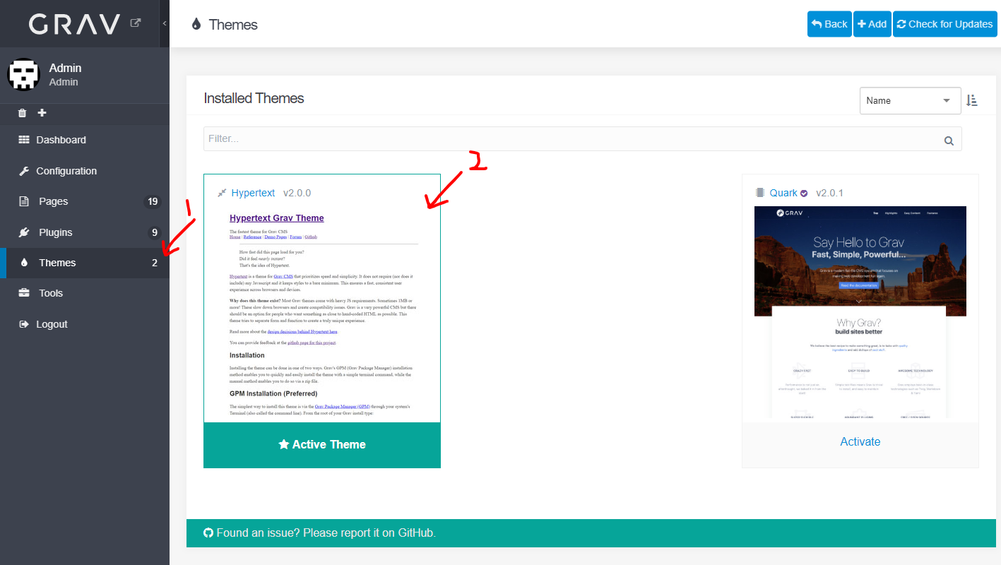 To see settings, click "Themes" in the Grav navigation, then on Hypertext.