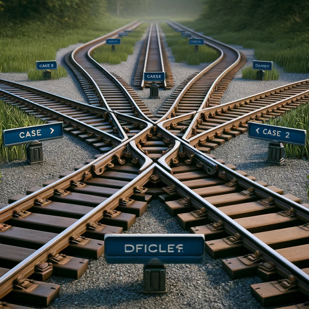 An image depicting a railway switch with tracks diverging in multiple directions, symbolizing the concept of switch statements in programming.