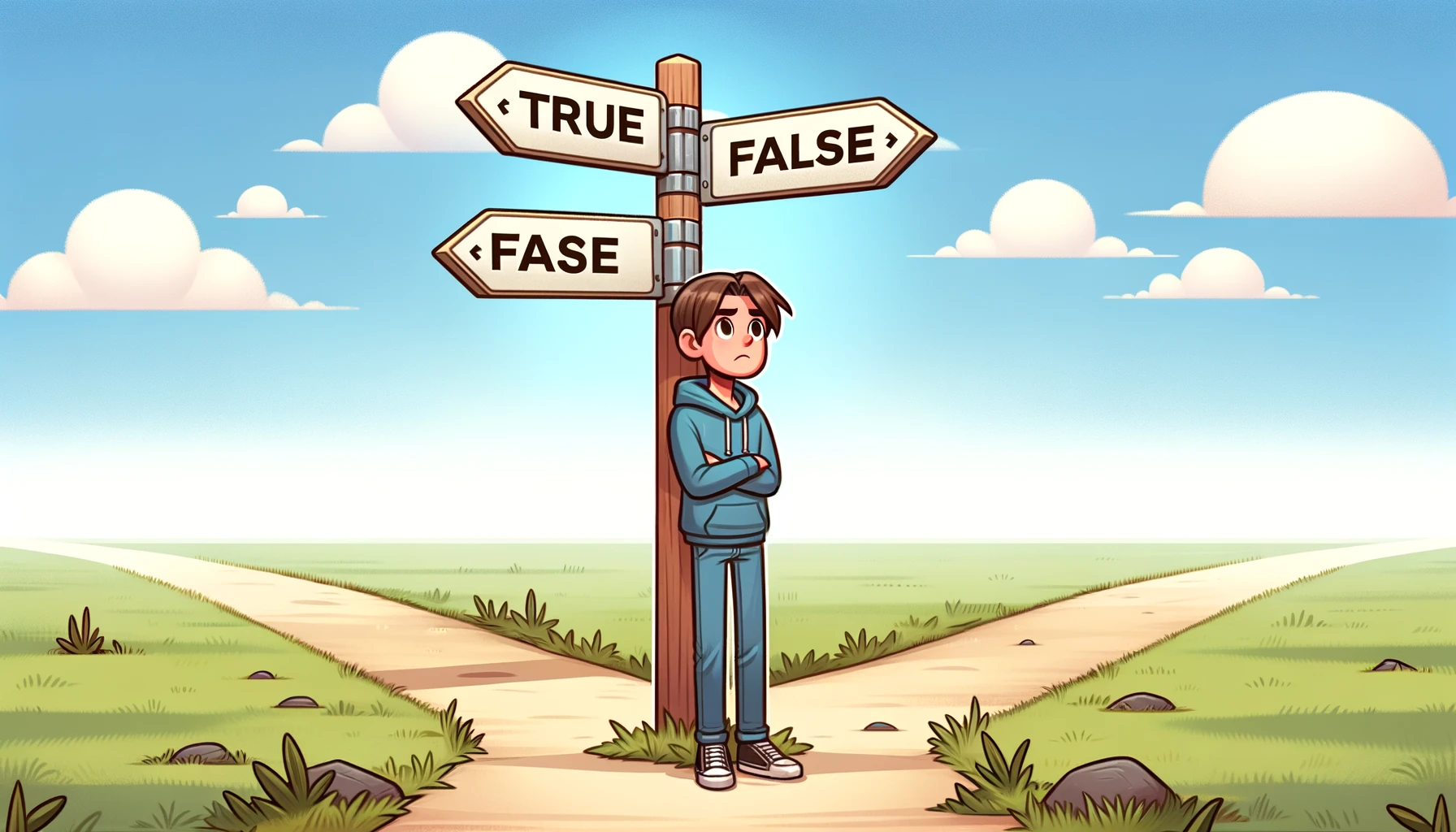 An image showing a cartoon of a person standing at a crossroads with signs pointing to "True" and "False" paths, symbolizing an if statement decision-making process.