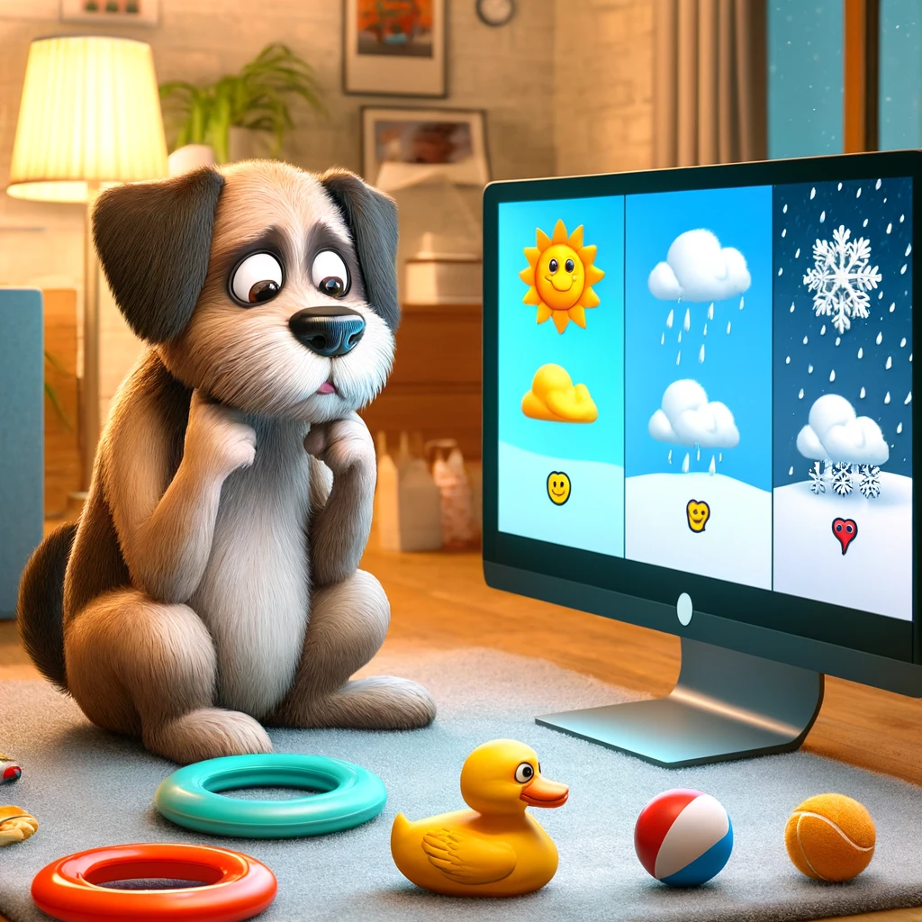 An image depicting a cartoon scenario where a dog chooses between toys based on different weather conditions displayed on a computer screen.