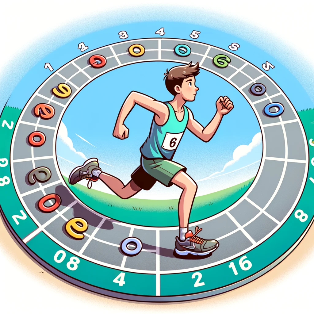 An image showing a cartoon person running on a looping track, counting each lap, symbolizing the iterations of a for loop.