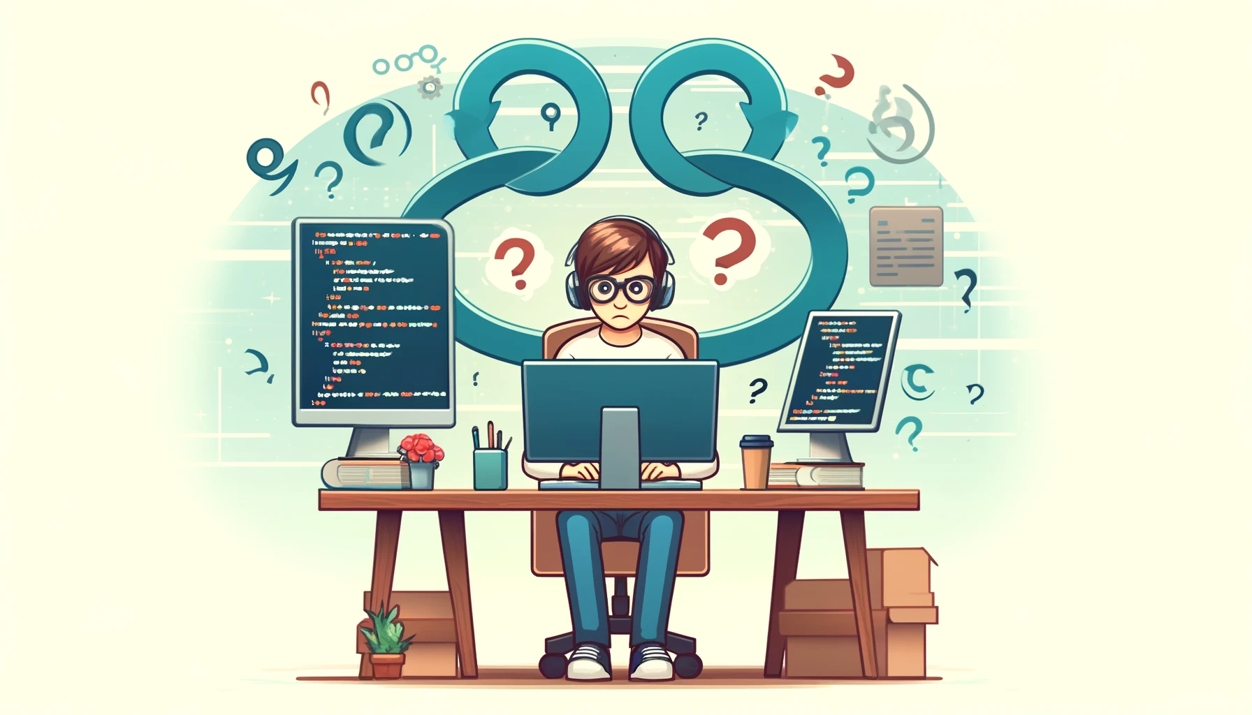 A banner image depicting a cartoon coder sitting at a desk, surrounded by looping arrows and question marks to symbolize decision-making in loop structures.