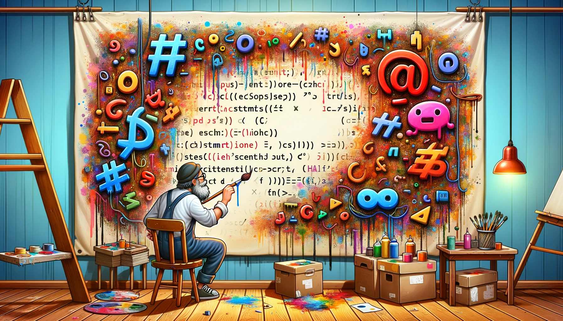 A banner image depicting an artist painting different symbols and characters on a canvas, symbolizing the creativity and rules in variable naming and declaration in programming.