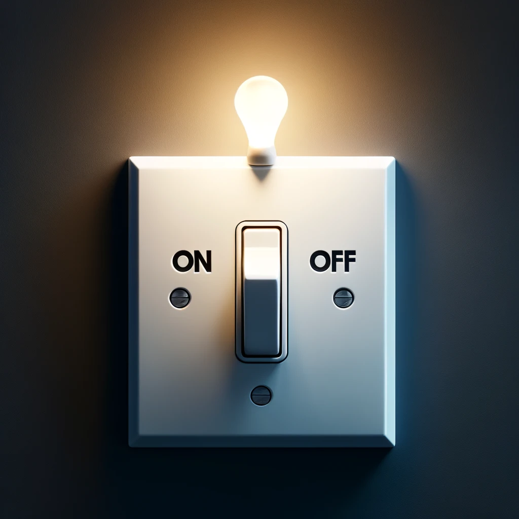 An image depicting a simple light switch in the on and off positions, symbolizing the binary nature of booleans.