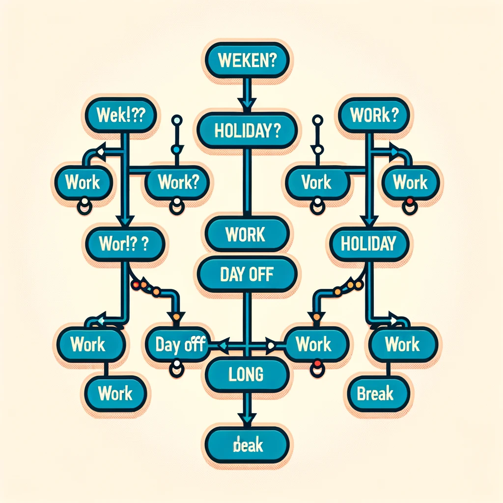 An image showing a decision tree diagram with nodes labeled 'Weekend?', 'Holiday?', and actions like 'Work', 'Day Off', 'Long Break' to illustrate complex boolean logic.