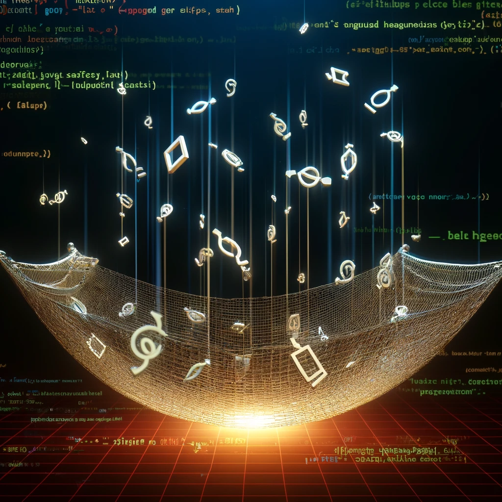 An image depicting a digital safety net catching falling code snippets, symbolizing error handling in programming.