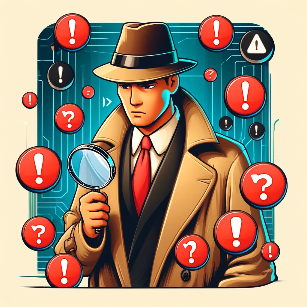 An image showing a detective with a magnifying glass examining different error icons like exclamation marks and question marks, illustrating the investigation of various error types.