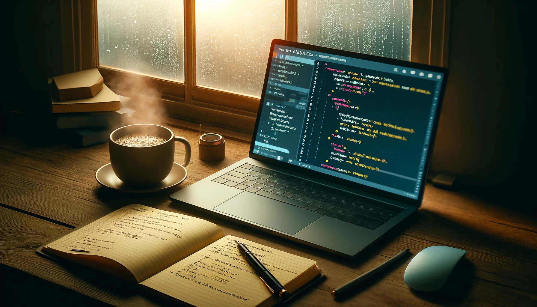 An image depicting a cozy study setup with a laptop open to a JavaScript coding tutorial, a notepad, a cup of coffee, and a view of a rainy window.